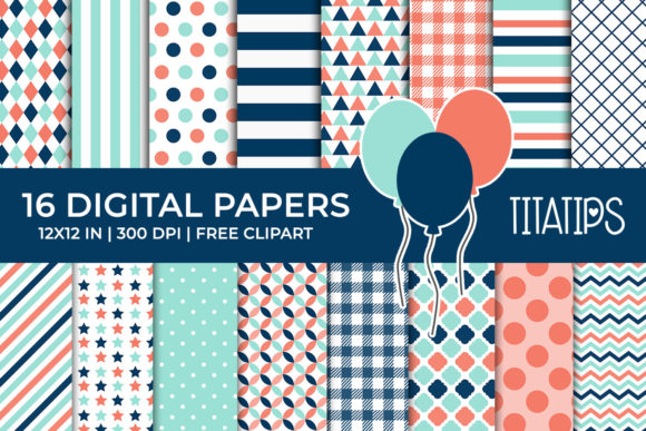 Coral and Blue Digital Papers Set