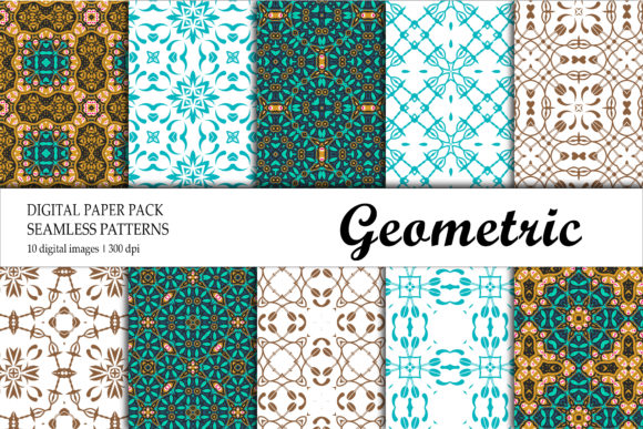 Wallpaper Design Gold Blue Green and Geometric Tiles Digital Paper