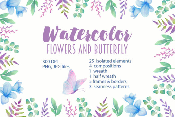 Watercolor Flowers and Butterfly